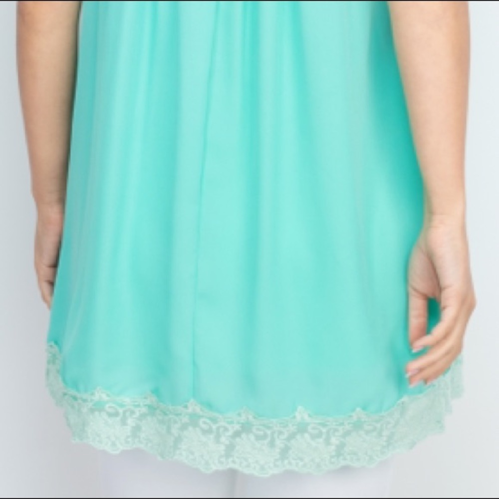 Aqua Mint sleeveless strappy scoop neck lace trim hem detail flowy tunic top. - Picture 12 of 16